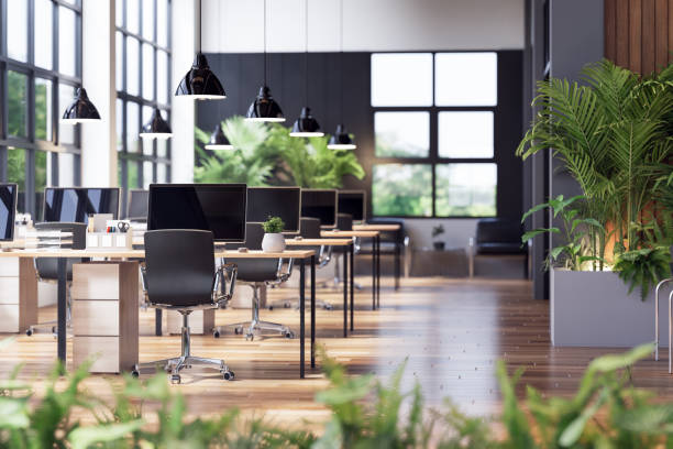 intérieur de bureau moderne de style loft industriel décoré avec un rendu 3d nature verte - bureaux photos et images de collection